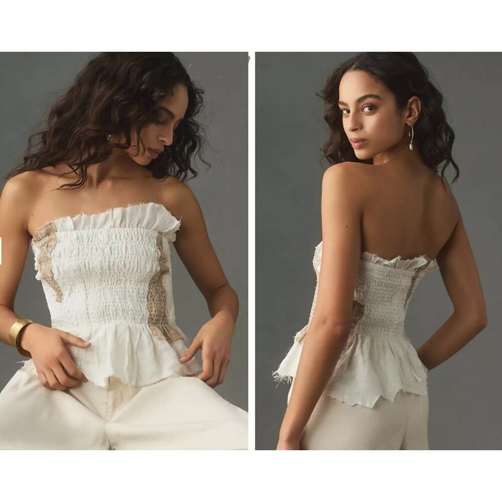 Anthropologie Women's Strapless Smocked Top White/Tan Sz XS - Picture 5 of 6